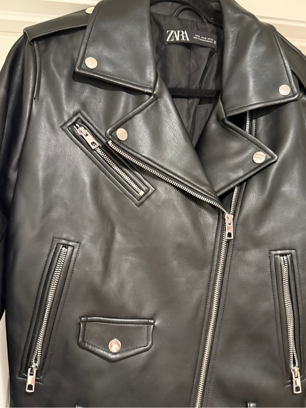 Zara Black Leather Motorcycle Jacket Size XL - Picture 3 of 8